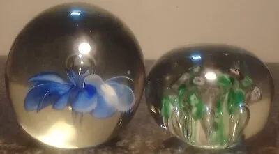 Buy 2 Vintage Glass Paperweights One Small Millifiori & One Large With A Blue Flower • 9.99£