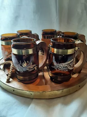 Buy Vintage Siesta Ware Amber Beer Mug 6 Glasses & Western Wagon Wheel Tray 70’s • 56.58£