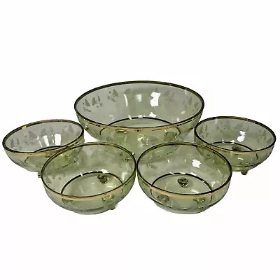 Buy Vintage Green Footed Glass Fruit Bowl & 4 Dishes Set Etched Flowers Gold Rim • 24.99£