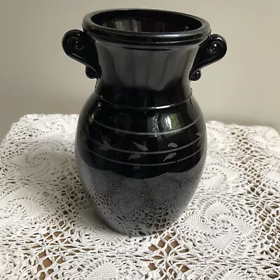Buy Black Amethyst Glass Vase Antique? Vintage With Silver Overlay Leaf Design • 18.93£