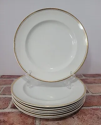Buy Vtg.- 8 Dinner Plates By Wood & Sons- Burslem England-White W/Gold Toned Trim • 57£