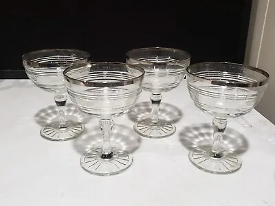 Buy SET OF 4- Anchor Hocking BANDED RINGS PLATINUM Art Deco Champagne Coupe Glasses • 39.51£