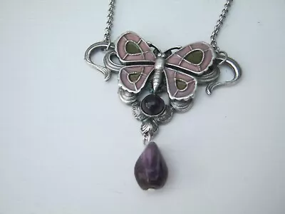 Buy Vintage Art Nouveau Style Butterfly Necklace With Glass Enamel & Amethyst • 45£
