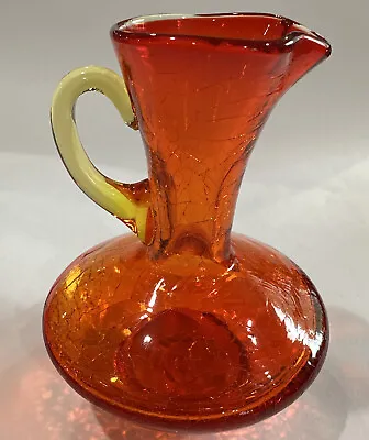 Buy Antique Crackle Glass Pitcher Vase Orange With Yellow Handle • 11.42£