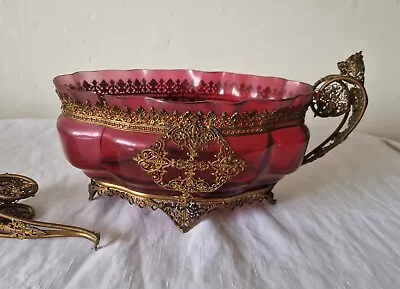 Buy Antique Ruby Cranberry Glass Bowl Basket With Filigree Gold Colour Metal Damaged • 94.99£