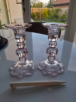 Buy 2 Pale Pink Glass Candlesticks 14 Cm Tall • 6£