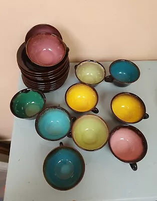 Buy Mid-century Kerulac Quimper Harlequin Coffee Cups And Saucers, 11 In Total • 32£