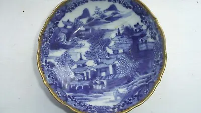 Buy Antique Early  Blue & White Pagoda Pattern Gilt Edge Dish / Bowl   no Markings • 7£