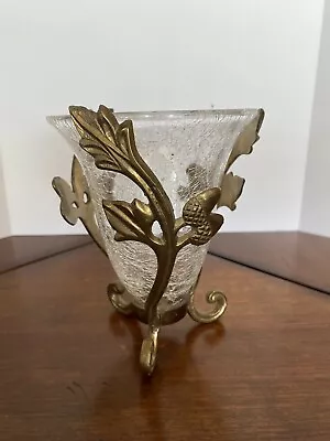 Buy Vtg Crackle Glass 6” Cone Vase Brass 3 Footed Stand Leaves Acorn • 23.15£