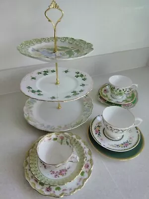 Buy Vintage Mismatched China Tea Set, 3 Tier Cake Stand, Trios X 3 Green • 30£