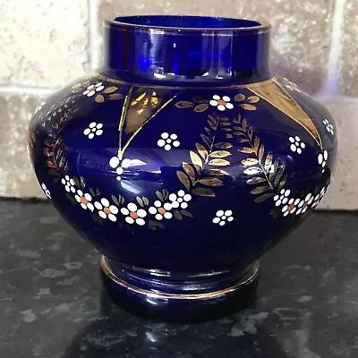 Buy Vintage Bohemian Blue Glass Handpainted Vase 14cm Tall • 9.99£