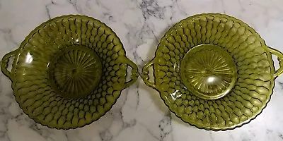 Buy 2 Vintage Indiana Glass Avocado Green Honeycomb Dish Bowl W/ Handles Set Of 2 • 14.21£