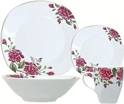 Buy 16-Piece Dinner Set Floral Pink Crockery Porcelain Square Plates Bowls Mug For 4 • 49.99£