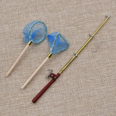 Buy Dollhouse Miniature Wood Alloy Fishing Rod + Fishing Net Doll House Decoration • 3.98£