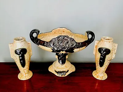 Buy Vtg. Art Deco Ditmar Urbach Czech Alien Ware Pottery Footed Compote & 2 Vase Set • 192.58£