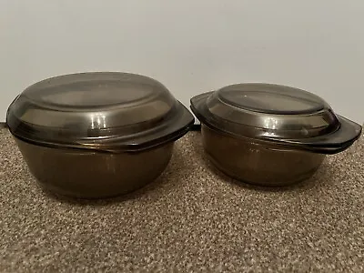 Buy 2 X Vintage Arcopal France Round Casserole Dish With Lids Smoked Glass Pyrex • 19.99£