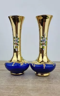 Buy Bohemia Glass Cobalt Blue Gold Gilt Vases- Set Of 2  Raised Enamel Flowers Czech • 45£