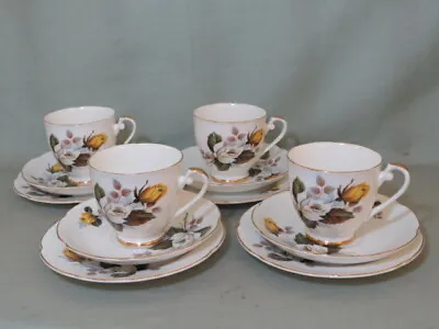 Buy 4 Vintage Grafton China Tea Cup Trios  Yellow & White Roses Pattern 1605 • 16£