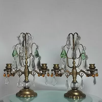 Buy Antique Pair French Girandoles Bronze Brass Glass Prisms Drops Candle Holders • 232.86£