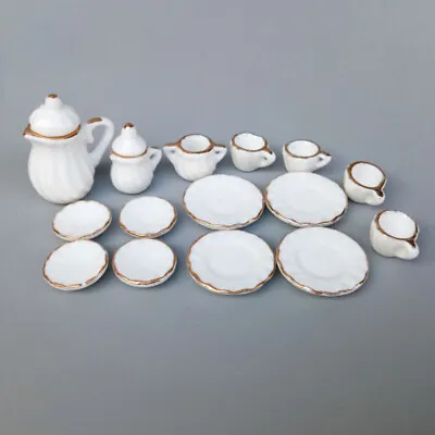 Buy 15PC Dolls House 1:12 Scale Miniature White Gold Rim Tea Set Porcelain Cup Plate • 8.39£