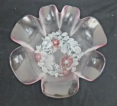 Buy Vintage Pink Depression Art Glass Bowl W/ Scalloped Edge Floral Frosted Leaves • 9.99£