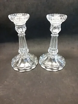 Buy Pair Of  Vintage Pressed Glass Clear Candlestick Holders • 19.99£