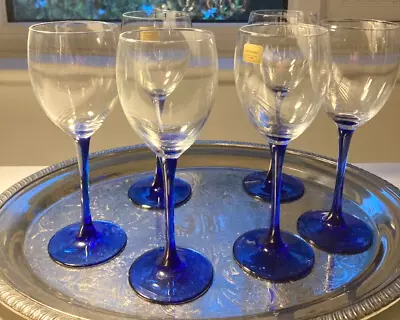 Buy Vintage Retro Set 6 French Luminarc Cobalt Blue Stemmed Wine Glasses 19.5 Cm • 35£