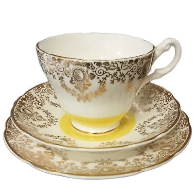 Buy Winston Bone English China Yellow  Gold Tea Cup Saucer Cake Plate  Vintage Set • 12.99£