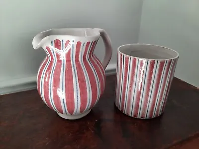 Buy Rye Pottery Pink Cottage Stripe Small Jug & Mug / Beaker Set • 45£