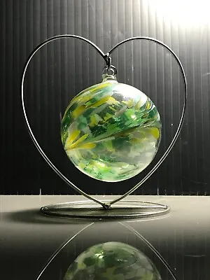 Buy Langham Studio Green, Yellow & White Art Glass Bauble With Heart Shape Stand • 12.99£