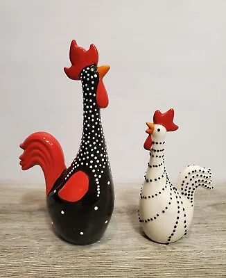 Buy Hand Painted Set Of 2 Lucky Cockerel Rooster Figurines Black White & Red • 24.99£