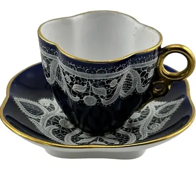 Buy RARE Antique Cobalt Blue/With Real White Lace Porcelain Demi Cup Saucer 1900’s • 43.43£