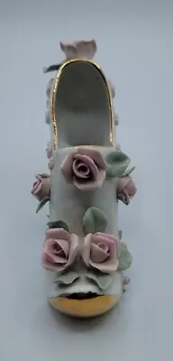 Buy Vintage Porcelain Shoe Pretty In Pink High Heel Pink Roses Gold Trim Japan Stamp • 15.33£