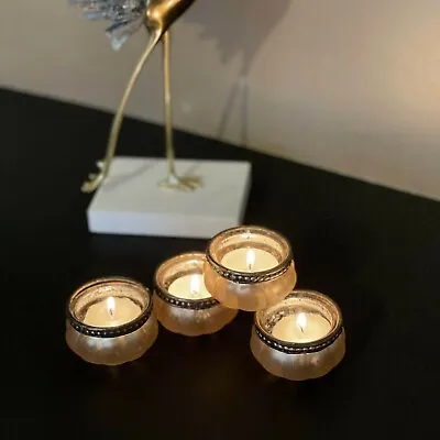 Buy Set Of 4 Ribbed Silver Rim Vintage Glass Tealight Candle Holders Wedding Golden • 12.95£
