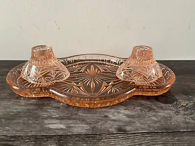 Buy Pink Glass Vanity Tray Dish & Pair Candle Stick Holders Vintage 1930's • 24£