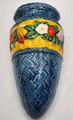 Buy Vintage Blue Ceramic Basketweave Wall Pocket Band Of Flowers 6  Tall Made Japan • 18.90£