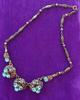 Buy Antique Art Deco Necklace Goldtone Beautiful Bright Blue Czech Glass Filigree  • 14£