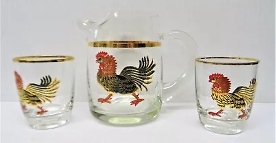 Buy Vtg. 3 Pc. Mid Century STRUTTIN' ROOSTER Pitcher & 2 Matching Glasses Gold Trim • 21.41£