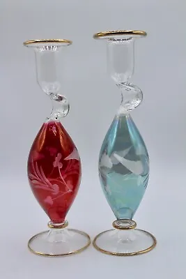 Buy Vintage Pair Of Floral Etched Glass Flashed Red & Blue Candle Holders W Gold  • 28.45£