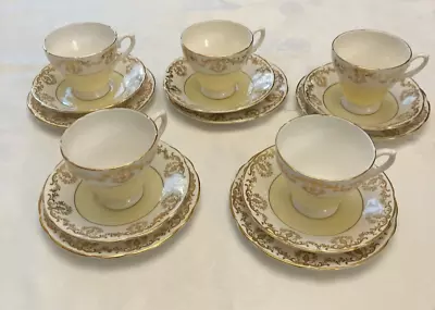 Buy VINTAGE ROYAL SUTHERLAND GOLD/YELLOW FINE BONE CHINA 5x CUPS/SAUCERS/SIDE PLATES • 42.99£