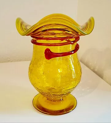 Buy Blenko Crackle Glass Vase Yellow WRed Coils #6843 Joel Myers Mid-Century 1960s • 77.69£