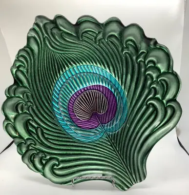 Buy Green Peacock Feather Glass Serving Platter Plate Reverse Painted Metallic 13” • 33.15£