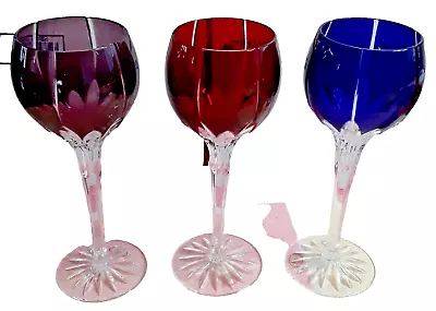Buy Hungarian AJKA Signed Antique Hand Cut Crystal Colored Wine Glass Set Of 3 • 138.30£