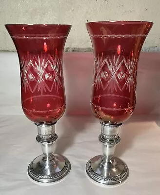 Buy Vintage Sterling Silver Candleholders W Cut To Clear Cranberry Hurricanes • 109.62£