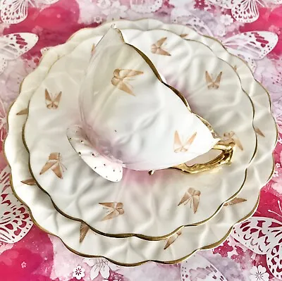 Buy AYNSLEY Antique Bone China Crocus Shape Tea Cup Saucer And Plate Butterfly Trio • 99£