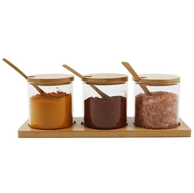 Buy Set Of 3 Clear Glass Jars With Natural Bamboo Lid, Spoon And Bamboo Stand • 15.95£