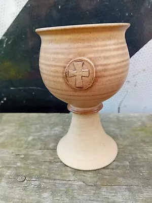 Buy Vintage Ceramic Studio Pottery Goblet Chalice Neutral Earthy Handmade WITH CROSS • 9.99£