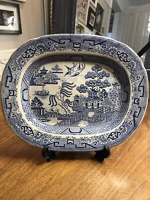 Buy Antique Large Ironstone Blue And White Transfer Ware Willow Pattern Meat Platter • 17.99£