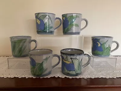Buy Set Of Six Highland Stoneware Half-pint Mugs - Iris Pattern, Late 1990s • 30£