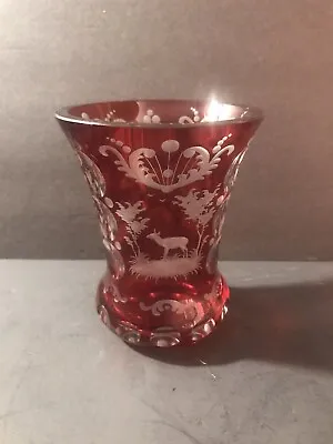 Buy Antique Bohemian Glass Vase/Ruby Red/Etched Glass/Deer/Bird/Duck/Pheasant/C.1920 • 233.20£